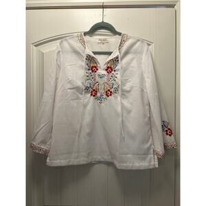 Vintage Lily‎ Women’s Boho Soft Hand Embroidered Floral Top Blouse Size M White